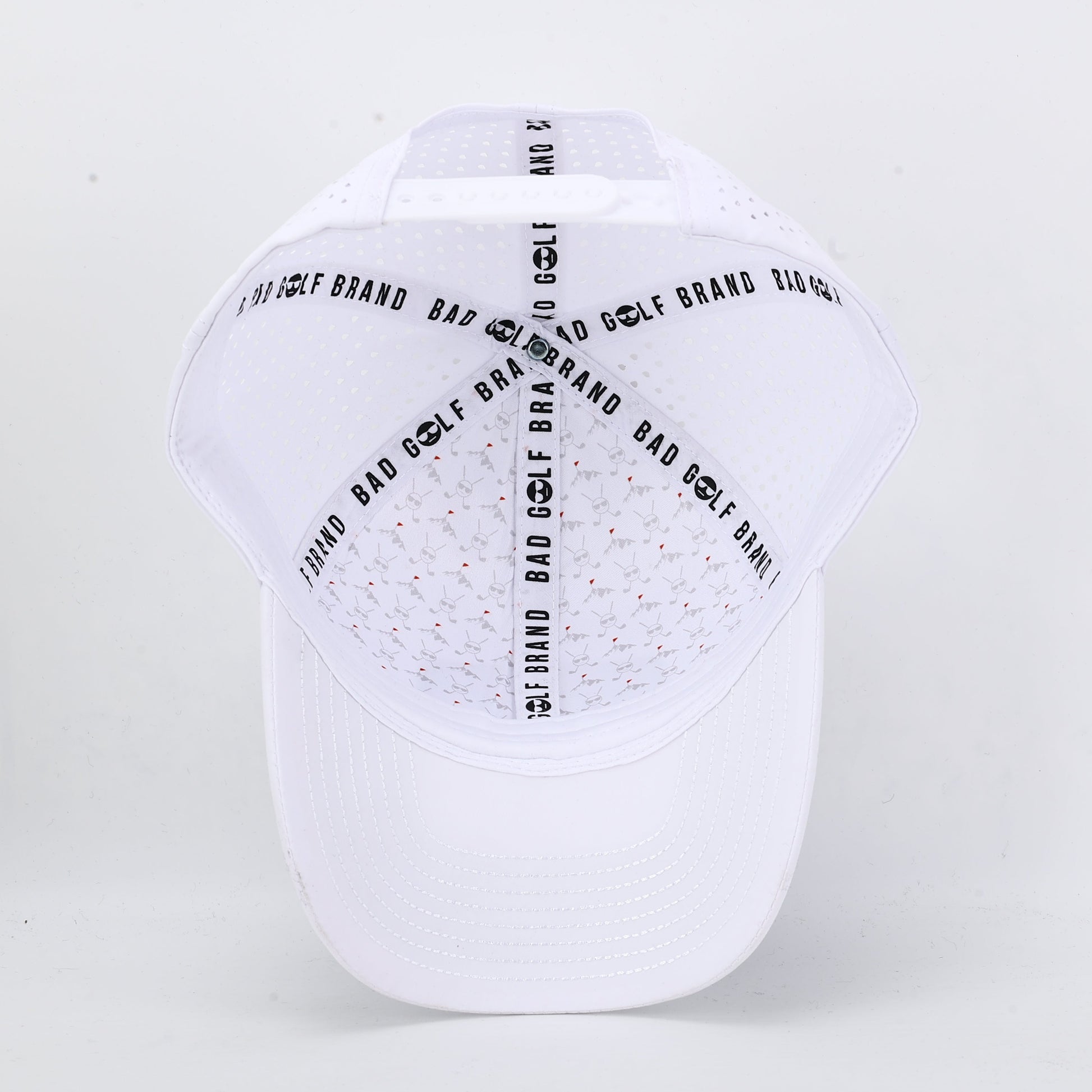 White cap with black text on a white background. The summit collection by Bad Golf Brand.