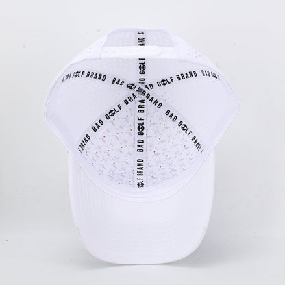 White cap with black text on a white background. The summit collection by Bad Golf Brand.